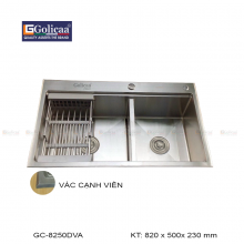 CHẬU RỬA CHÉN BÁT 2 HỘC VÁT VIỀN CẠNH HANDMADE  GOLICAA GC-8250DVA SUS 304
